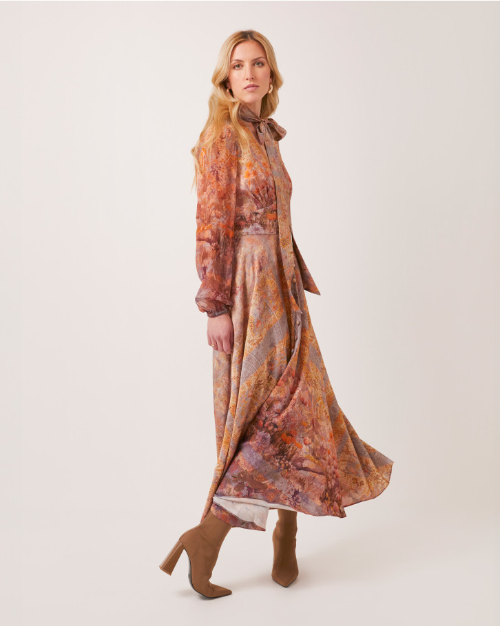 Chromatic Dusk neck-tie long dress