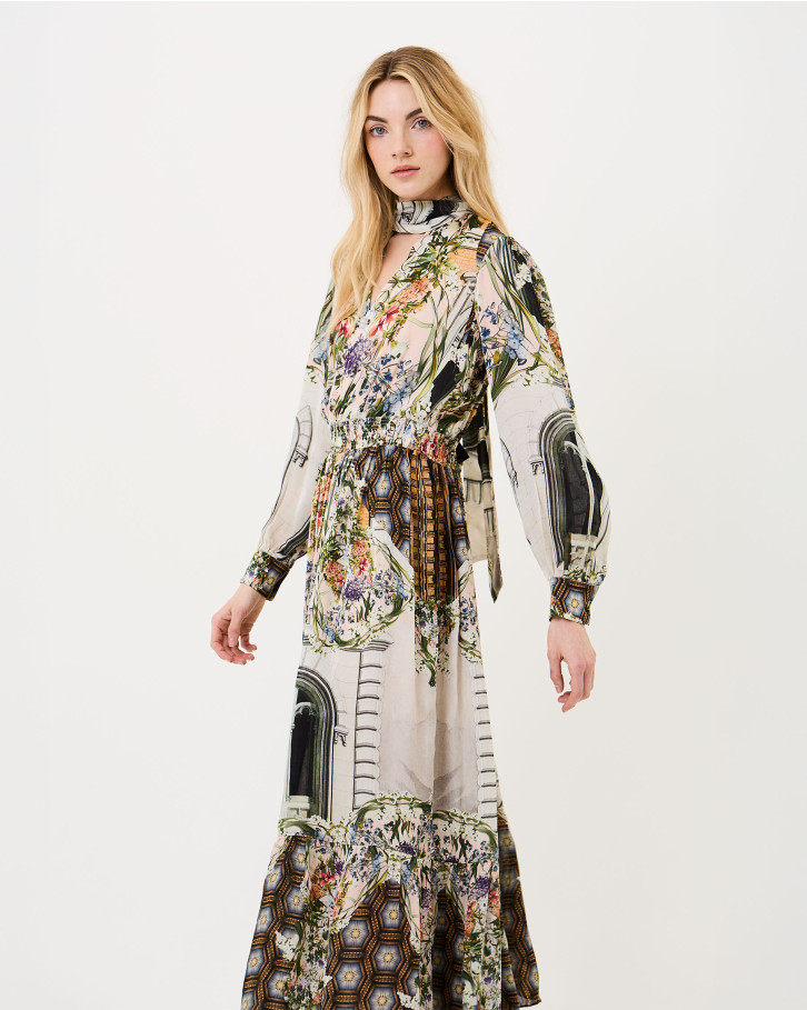 Floral Facade neck-tie dress