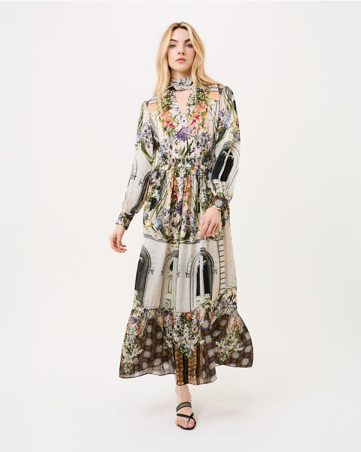 Floral Facade neck-tie dress