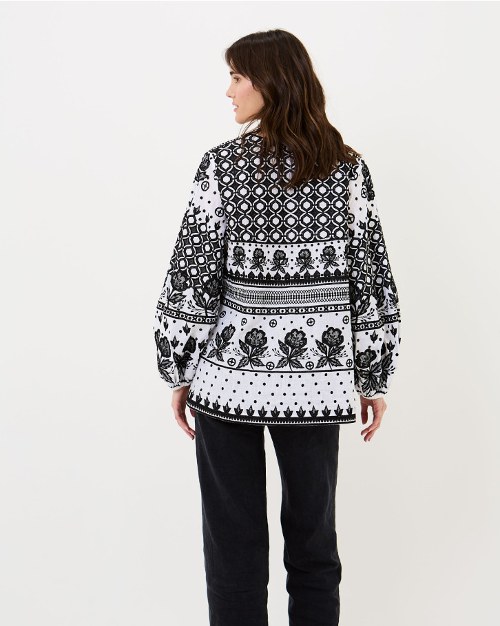 White-based black embroidered top