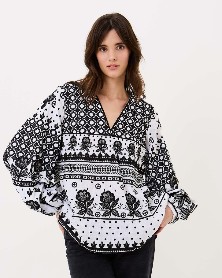 White-based black embroidered top