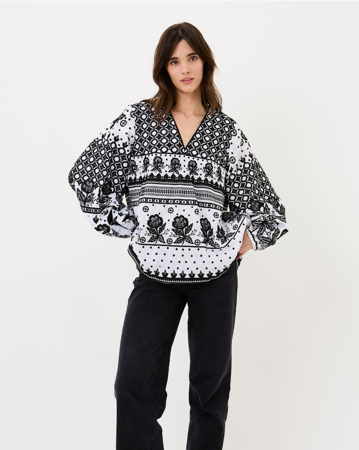 White-based black embroidered top