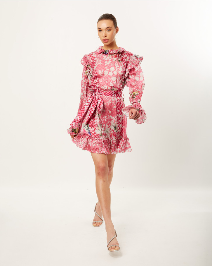Pink Botanic Checker Frill Dress