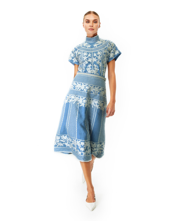 Azure Lea embroidered high neck top and skirt co-ord set