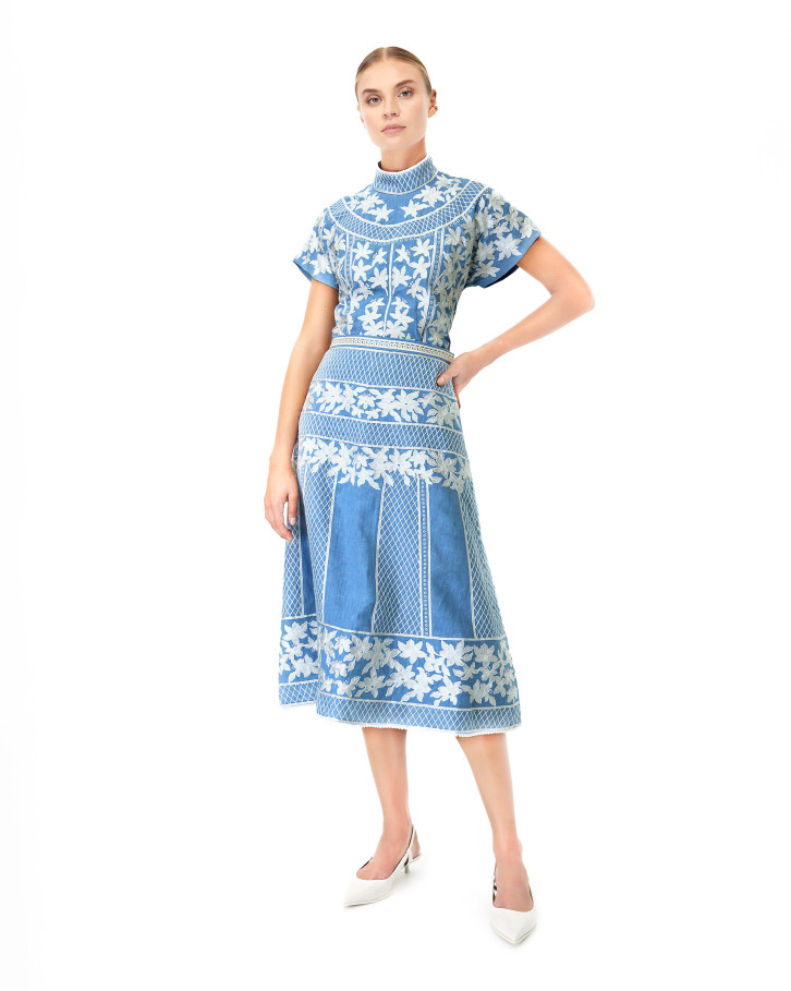 Azure Lea embroidered high neck top and skirt co-ord set