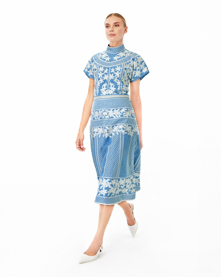 Azure Lea embroidered high neck top and skirt co-ord set