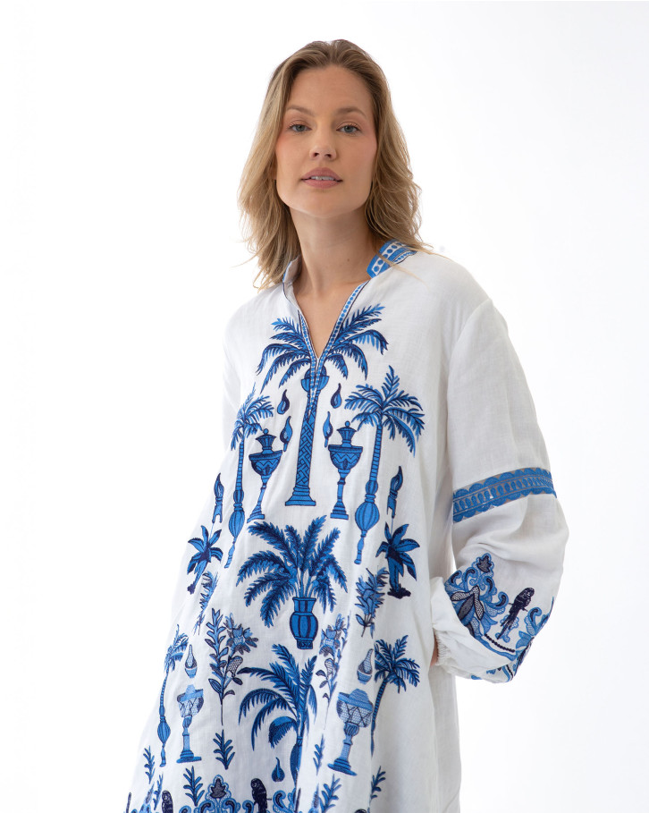 White with Blue Embroidery Short Tunic