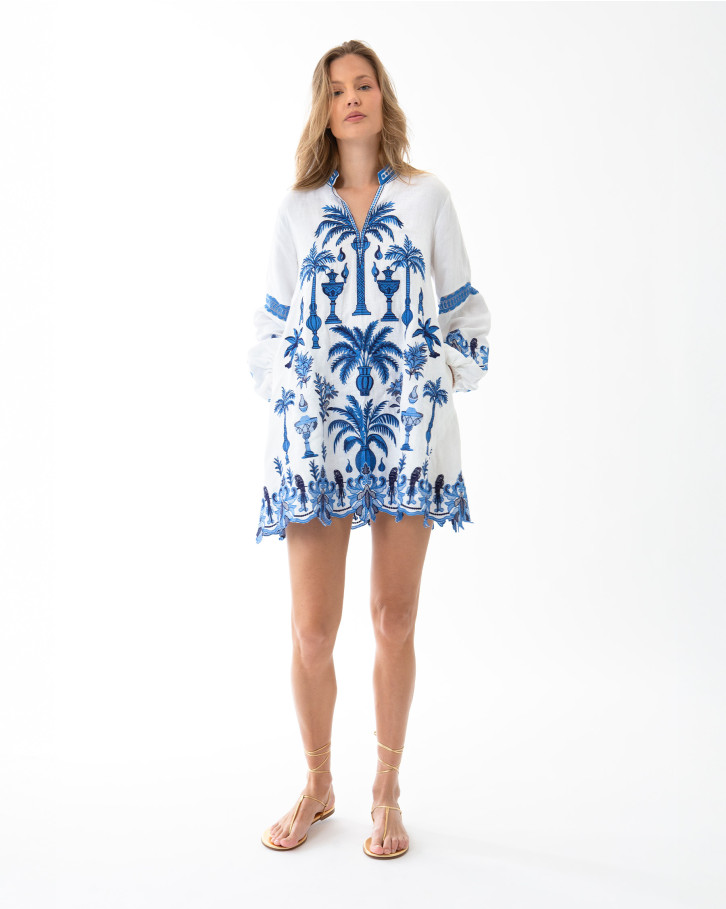 White with Blue Embroidery Short Tunic