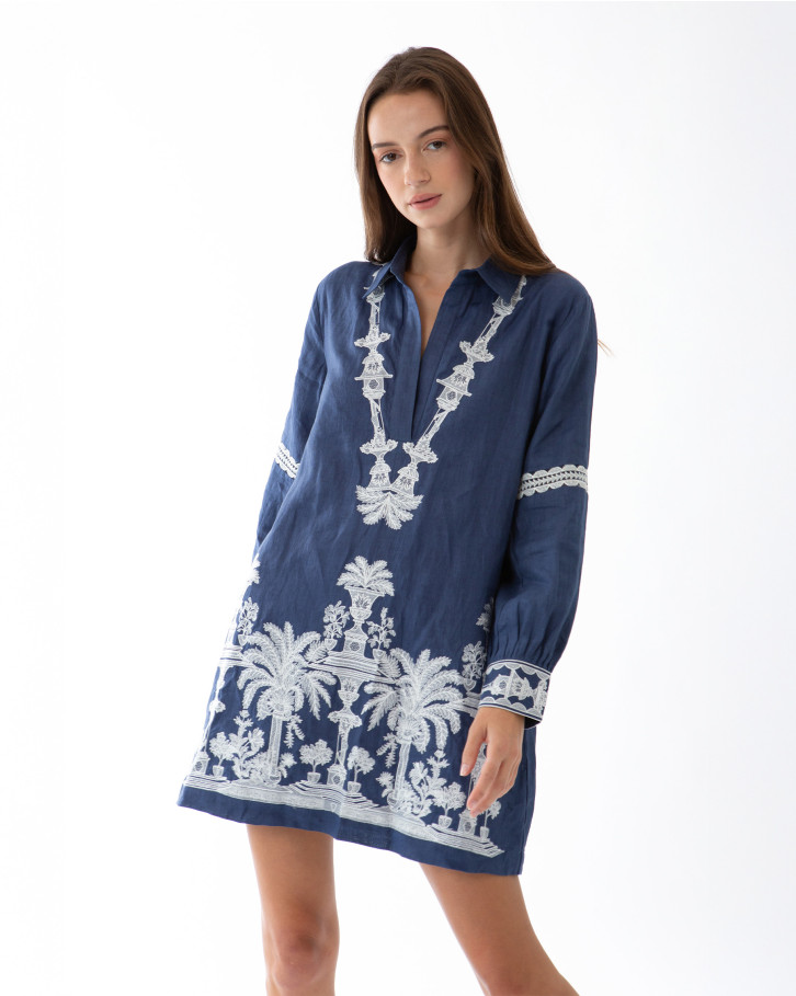 Blue with White Embroidery Shirt Dress