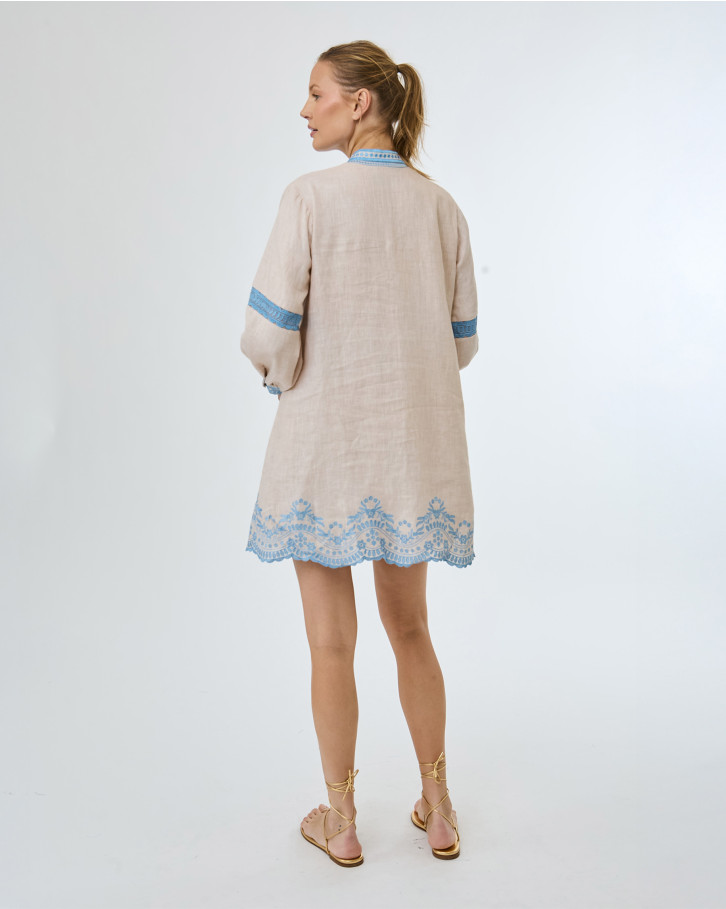 Light Brown with Blue Embroidery Shirt Dress
