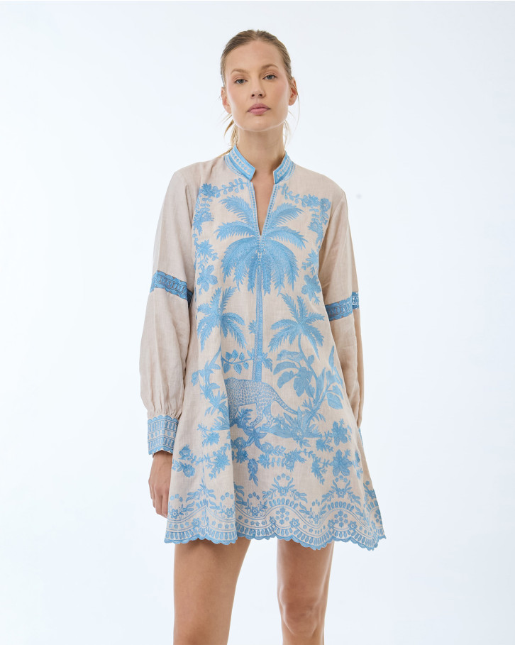 Light Brown with Blue Embroidery Shirt Dress