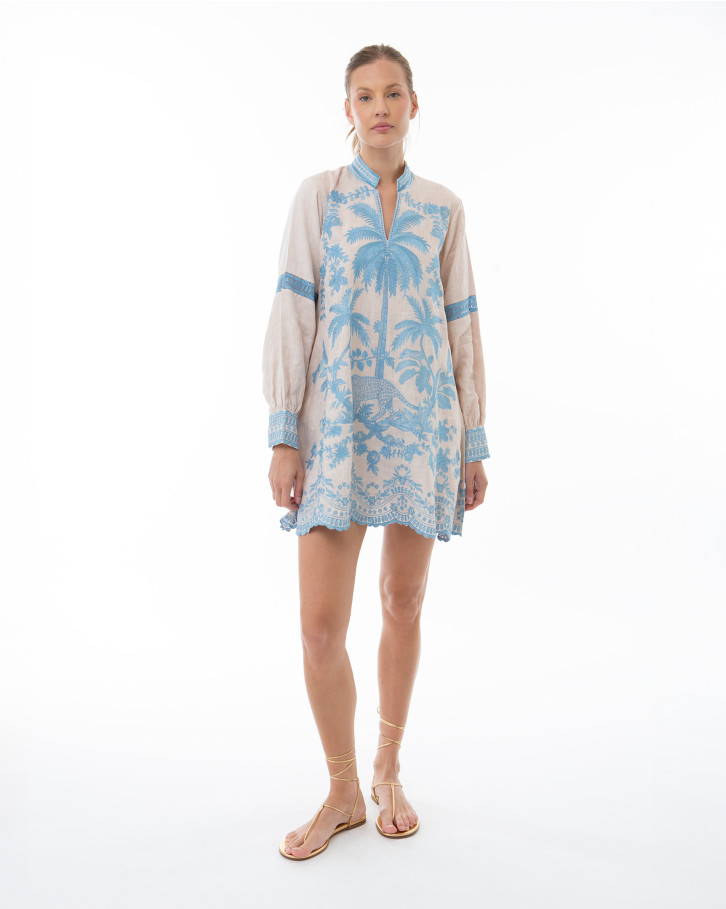 Light Brown with Blue Embroidery Shirt Dress