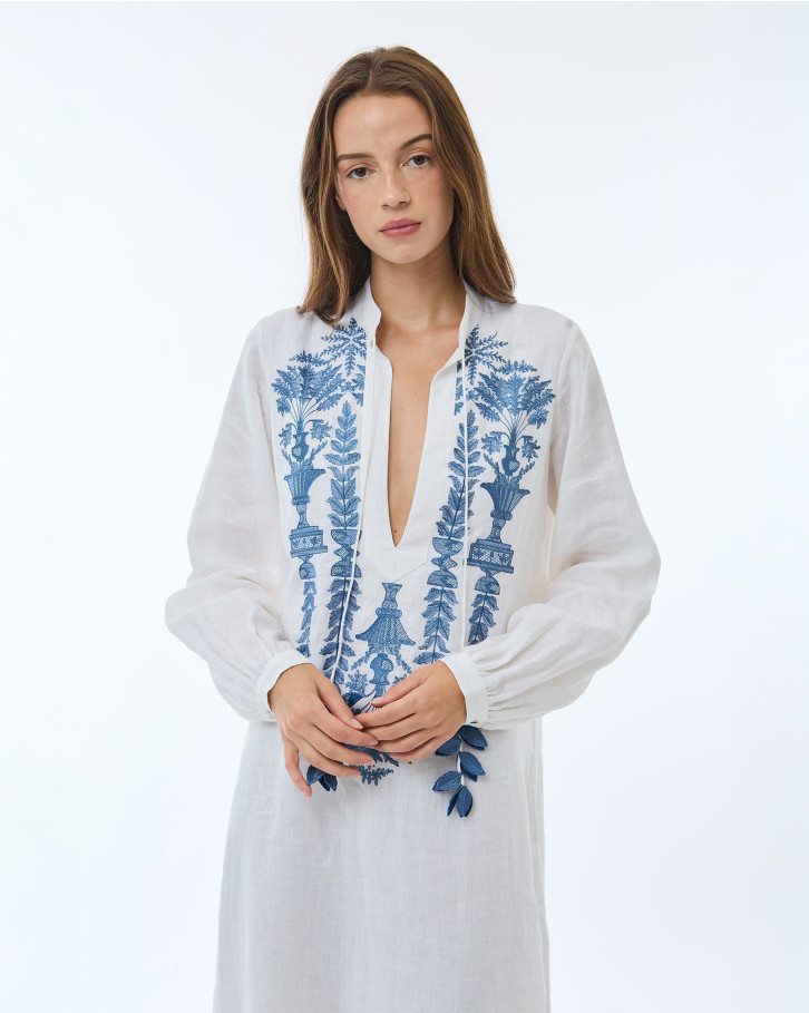 White with Blue Embroidery Long Dress