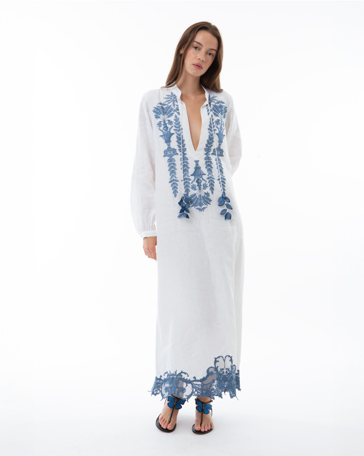 White with Blue Embroidery Long Dress