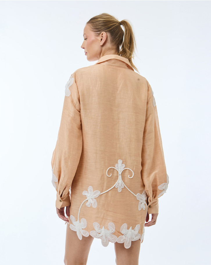 Peach with White Embroiderery Short Dress