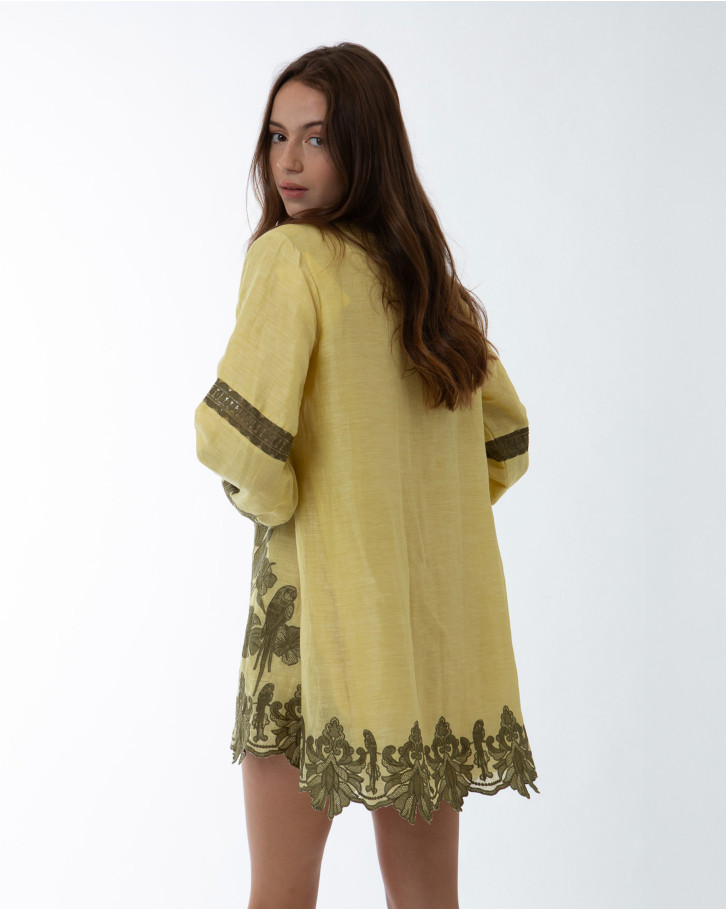 Yellow with Green Embroidery Short Tunic