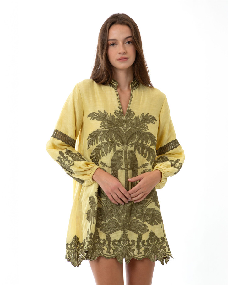 Yellow with Green Embroidery Short Tunic