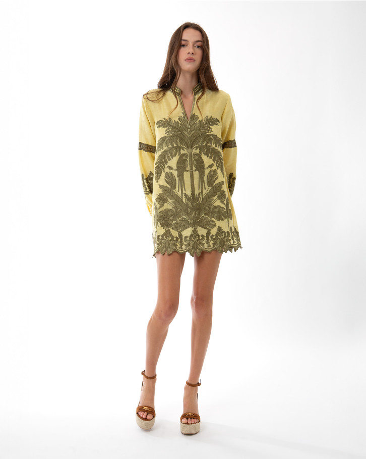 Yellow with Green Embroidery Short Tunic