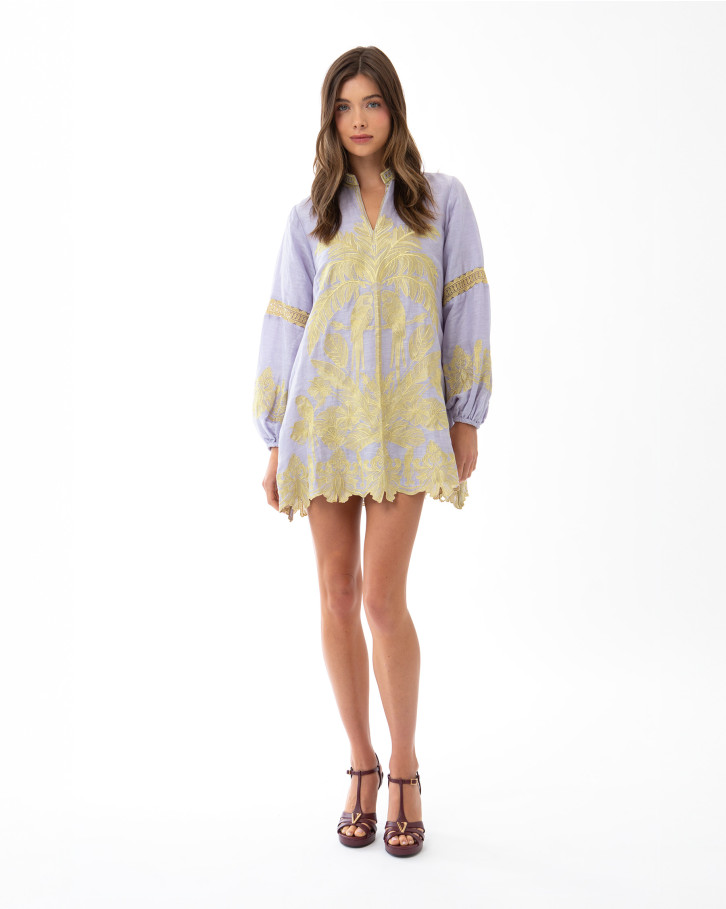 Lilac with Yellow Embroidery Short Tunic