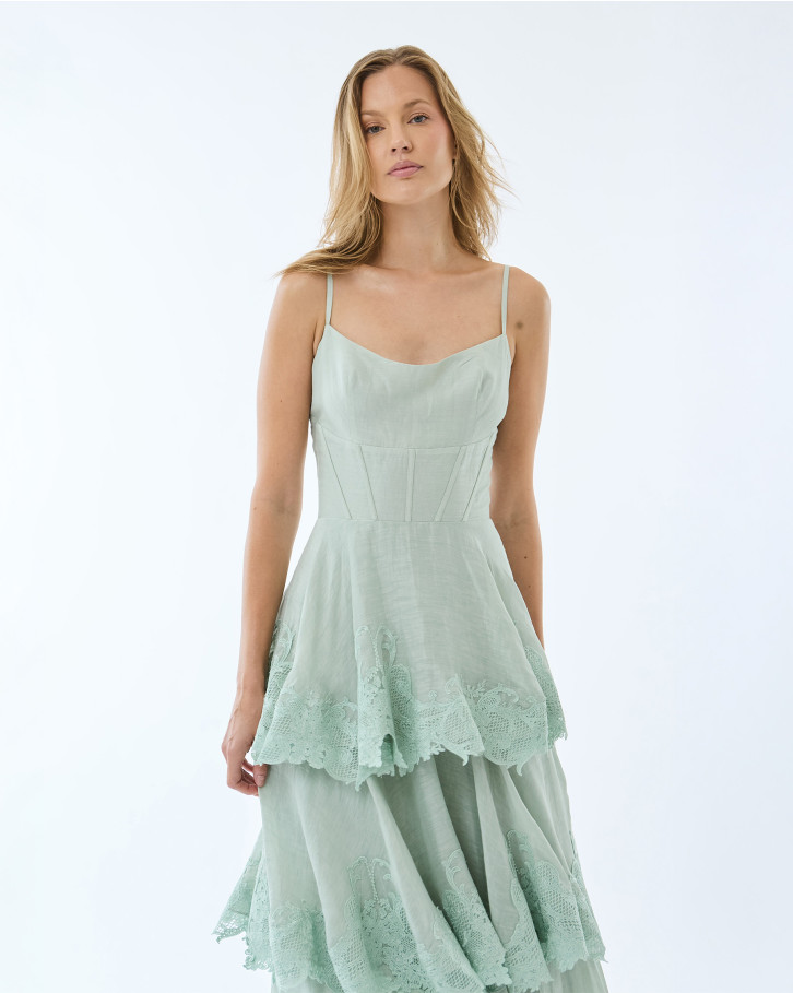 Green with Green Embroidery Long Dress