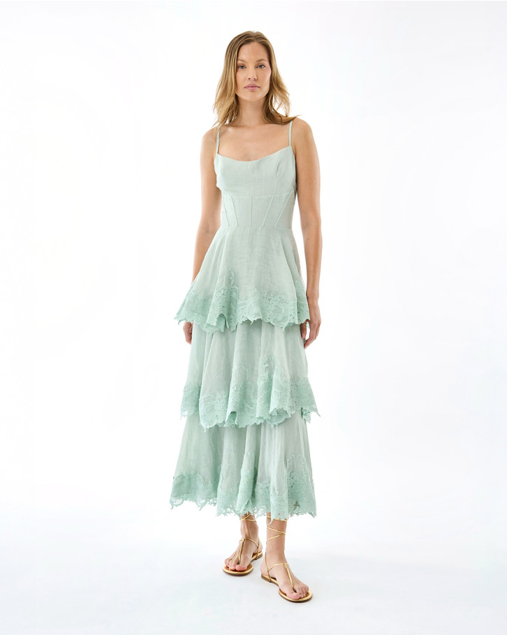 Green with Green Embroidery Long Dress