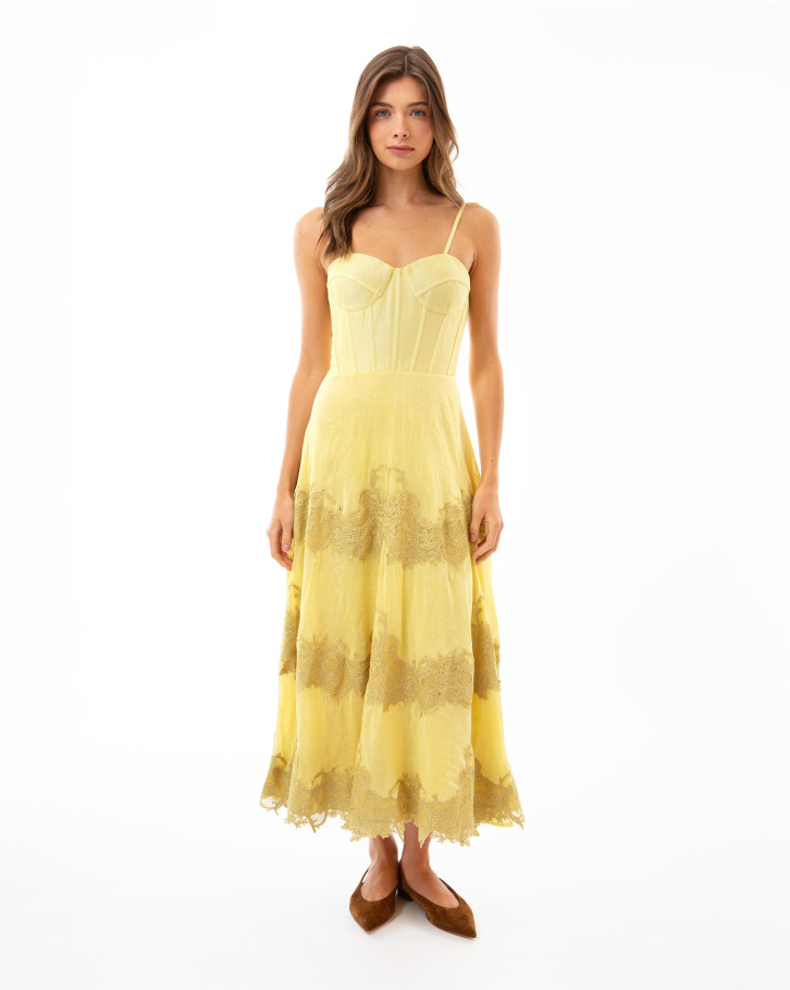 Yellow with Yellow Embroidery Long Dress