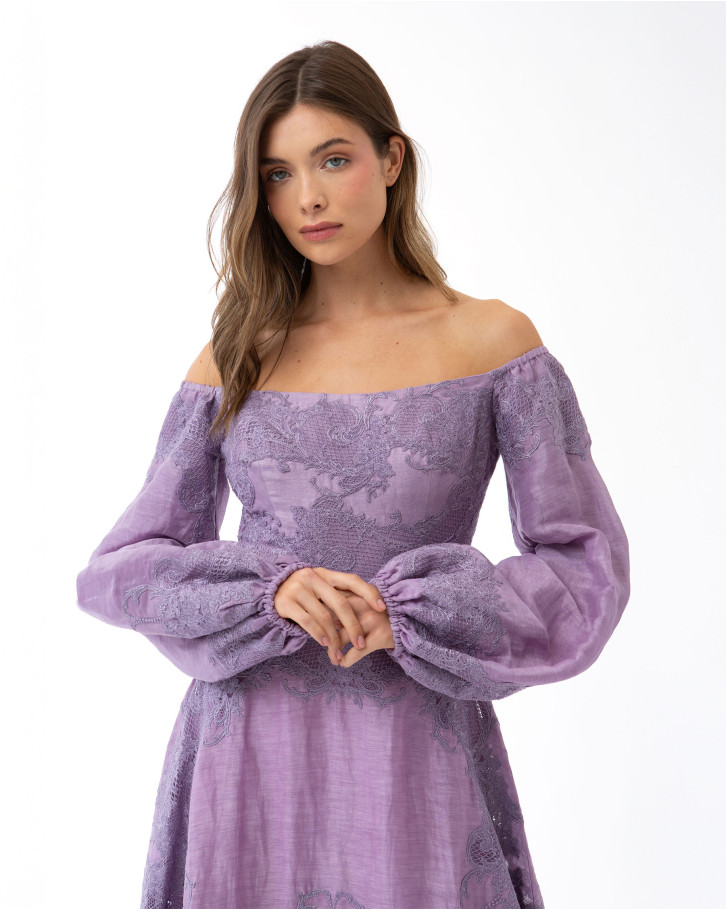 Purple with Purple Embroidery Long Dress